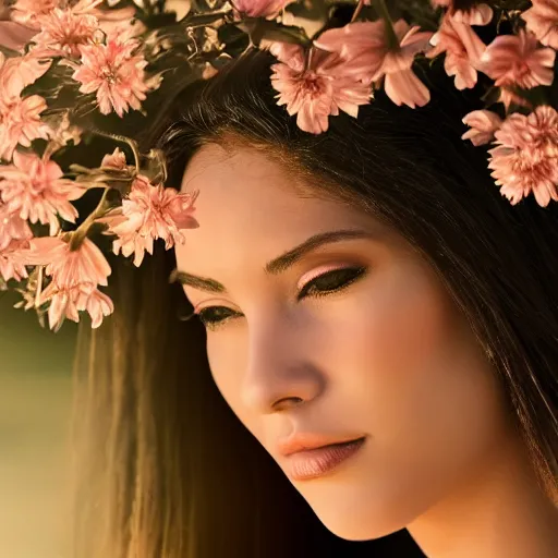 Prompt: portrait of a beautiful women, close up, matte paint, elegant flowers all around her, angelic, golden hour