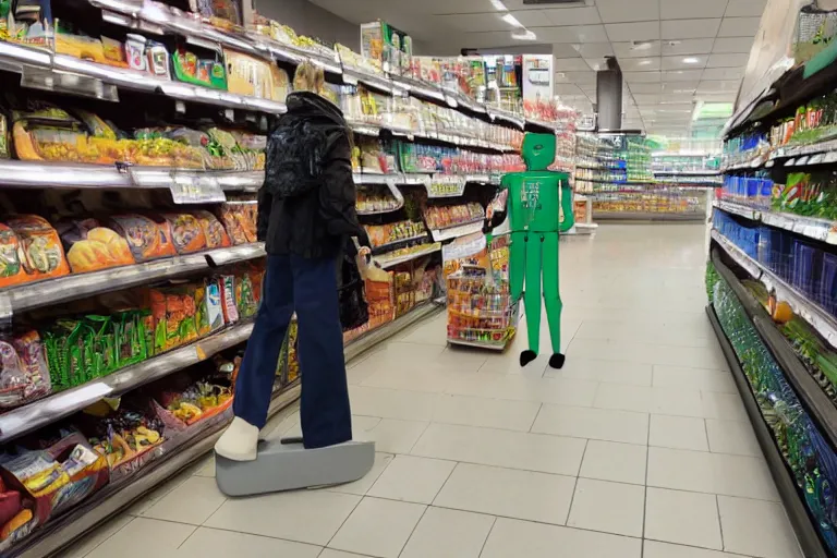 Prompt: photojournalism of sleek humanoid robot walking out of grocery store carrying paper grocery bags