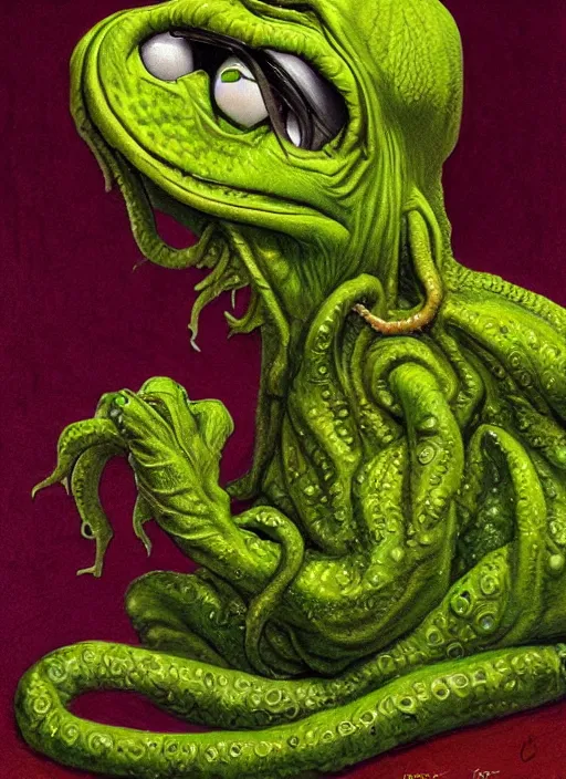 Image similar to portrait of a Cthulhu kermit the frog in Society (1989), intricate, highly detailed, centered, gradient background, digital painting, artstation, concept art, smooth, sharp focus, illustration, artgerm, donato giancola, Joseph Christian Leyendecker, WLOP, Artgerm