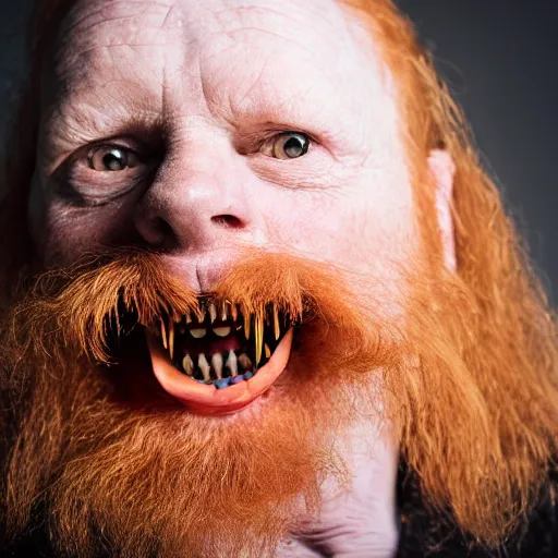 Image similar to photo of a 5 0 year old ginger men with rotten teeth, ugly appearance, dark room with a tv background, 8 5 mm, f / 1. 3