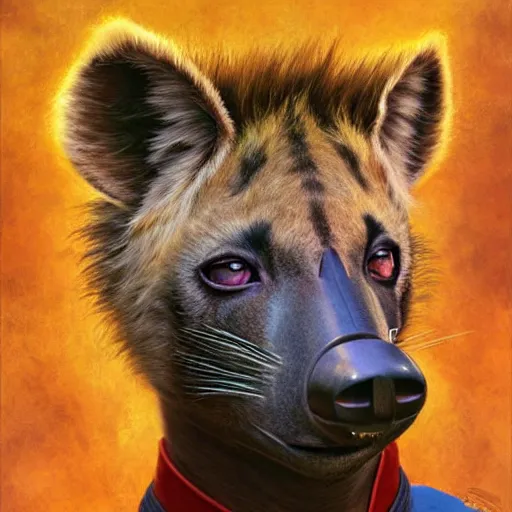 Image similar to a portrait of a hyena hyenaman canine star trek in a starfleet uniform chief engineer. cinematic zootopia fursona furaffinity furry art detailed face painting by gaston bussiere craig mullins jc leyendecker gustav klimt artgerm greg rutkowski furry