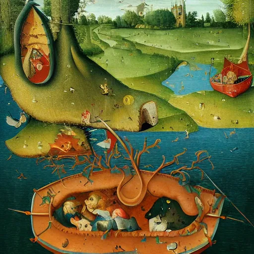 Image similar to An intricate, extremely detailed painting in a style of Hieronim Bosch featuring a river in Europe, surrounded by trees and fields. A dinghy is slowly moving through the water. Sun is shining.