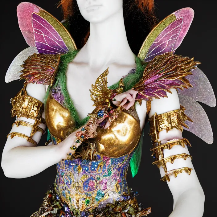 Image similar to photograph of a real - life beautiful fairy with bejewelled armour. extremely detailed. 8 k