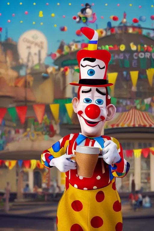 Image similar to portrait of a clown holding a cup of coffee with the circus in background, full body. pixar disney 4 k 3 d render funny animation movie oscar winning trending on artstation and behance. up movie style.