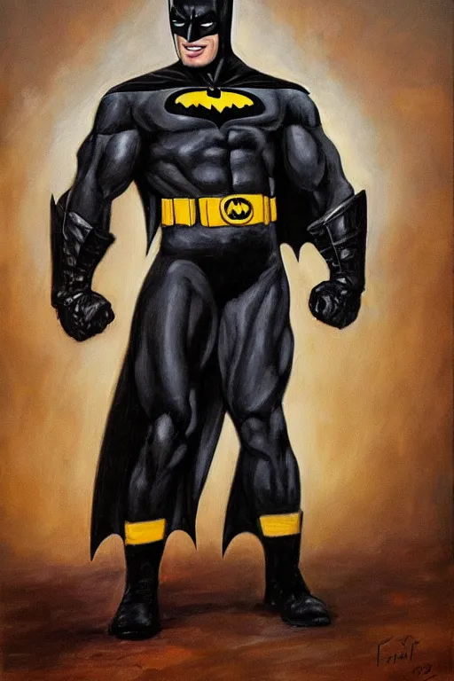 Image similar to A portrait painting of a muscular man wearing batman costume