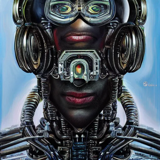 Image similar to a realistic oil painting of a black man as a cybernetic cyborg, surrealism portrait, surrealism album cover