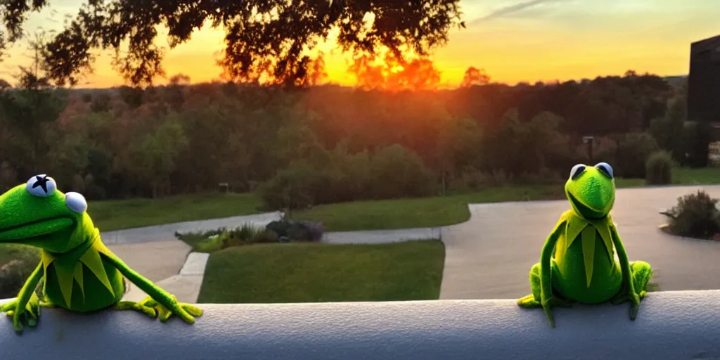 Prompt: Kermit the frog watching a nice sunset from his front porch, over the shoulder