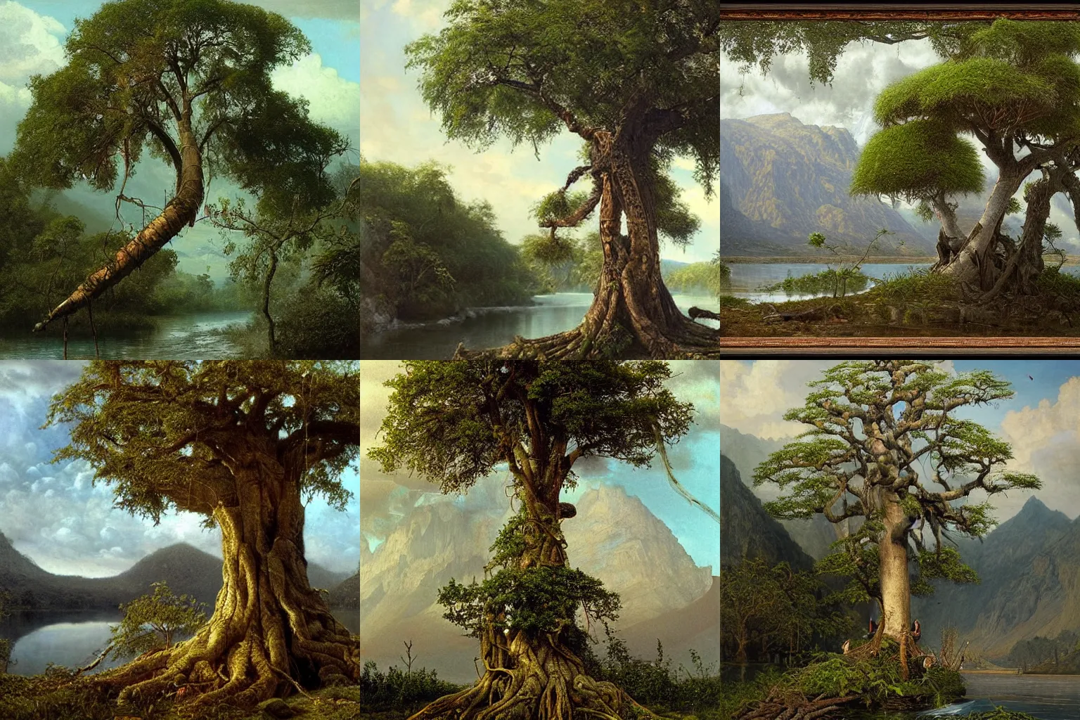 Prompt: a mountain sized inhabited kapok tree that grows on the side of a river, by Ivan Kramskoi, fantasy, beautiful, intricate, epic scale