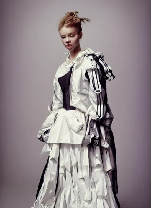 Image similar to an early 0 0's digital portrait of a beautiful girl detailed features wearing a wedding dress with a puffy skirt utility - chic trend. lots of zippers, pockets, synthetic materials, jumpsuits. by balenciaga and issey miyake by ichiro tanida and armin vit