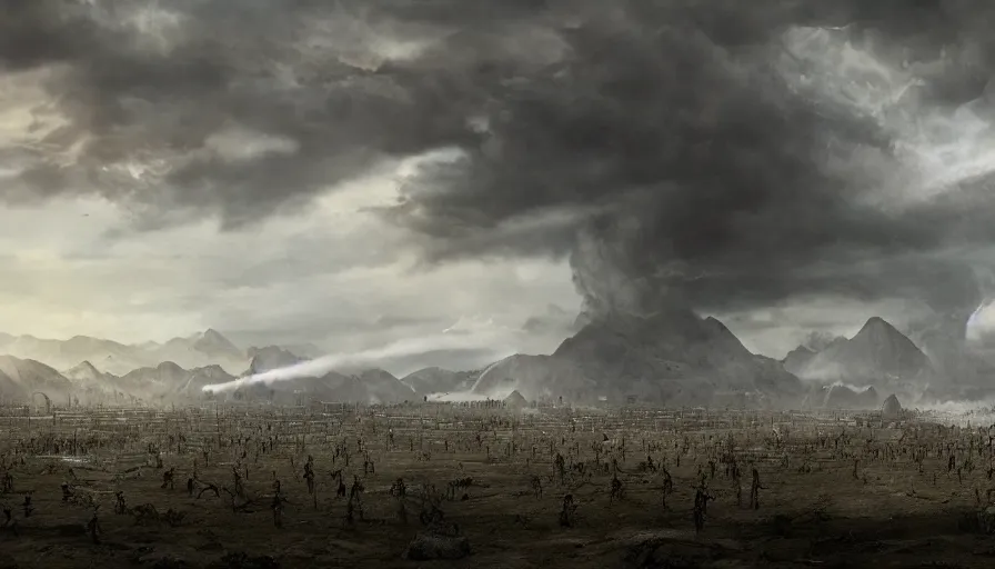 Prompt: matte painting of a huge battlefield