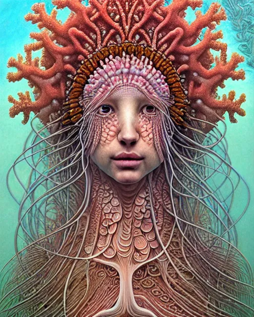 Prompt: realistic detailed underwater face portrait of the beutiful young goddess of the fractal waters with an intricate headdress of corals, sea kelp, sea plants, fish, jellyfish, art by ernst haeckel, zdzisław beksinski, h. r. giger, hieronymus bosch, gothic, neo - gothic, ornamental, beautiful deep colours,