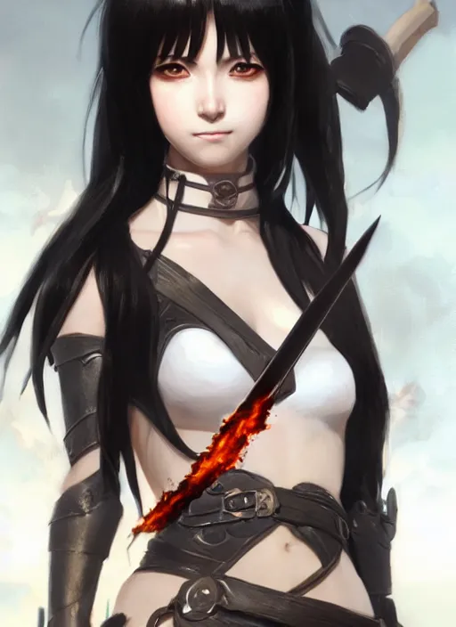 Image similar to Portrait of Anime girl with black hair, she is carrying a burning sword with two hands, wearing metal armor around her chest and waist, realistic, detailed, 4k by Greg Rutkowski Mark Arian trending on artstation