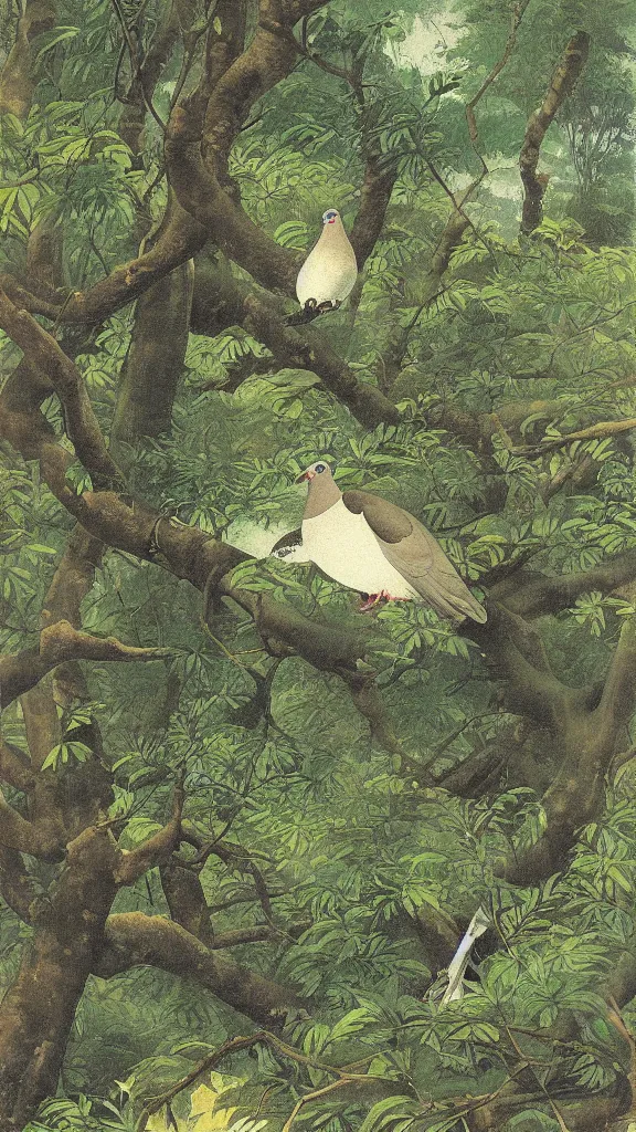 Prompt: a painting of a pigeon in a lush forest, by hiroshi yoshida