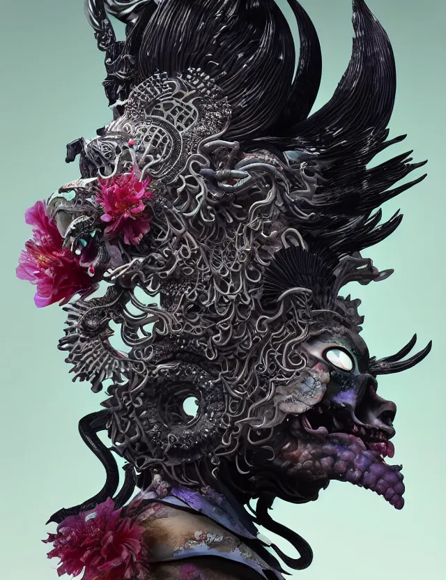 Image similar to 3 d goddess of hell close - up profile portrait with ram skull. beautiful intricately detailed japanese crow kitsune mask and clasical japanese kimono. betta fish, jellyfish phoenix, bio luminescent, plasma, ice, water, wind, creature, artwork by tooth wu and wlop and beeple and greg rutkowski