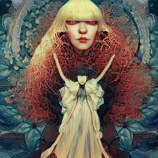 Image similar to portrait of crazy beautiful singer sia kate isobelle furler, big ribbon, ymmetrical, by yoichi hatakenaka, masamune shirow, josan gonzales and dan mumford, ayami kojima, takato yamamoto, barclay shaw, karol bak, yukito kishiro