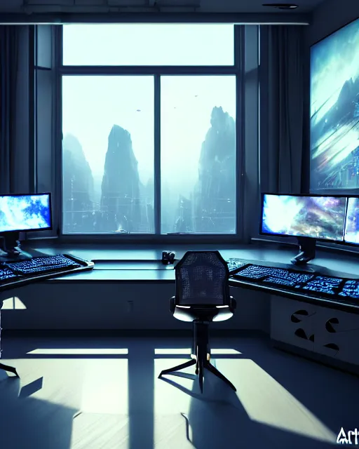 Image similar to artstation scifi scene of a complex computer workstation in a small studio apartment room, many monitors, many electronics, a window view, very detailed, maximalism, ambient occlusion, volumetric light, sun rays, atmospheric haze, unreal engine, hyper realism, realistic shading, cinematic composition, realistic render, octane render, detailed textures, photorealistic, wide shot