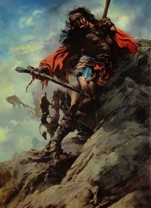 Prompt: portrait of barbarian on mountain, coherent! by mariusz lewandowski, by frank frazetta, deep color, strong line, high contrast