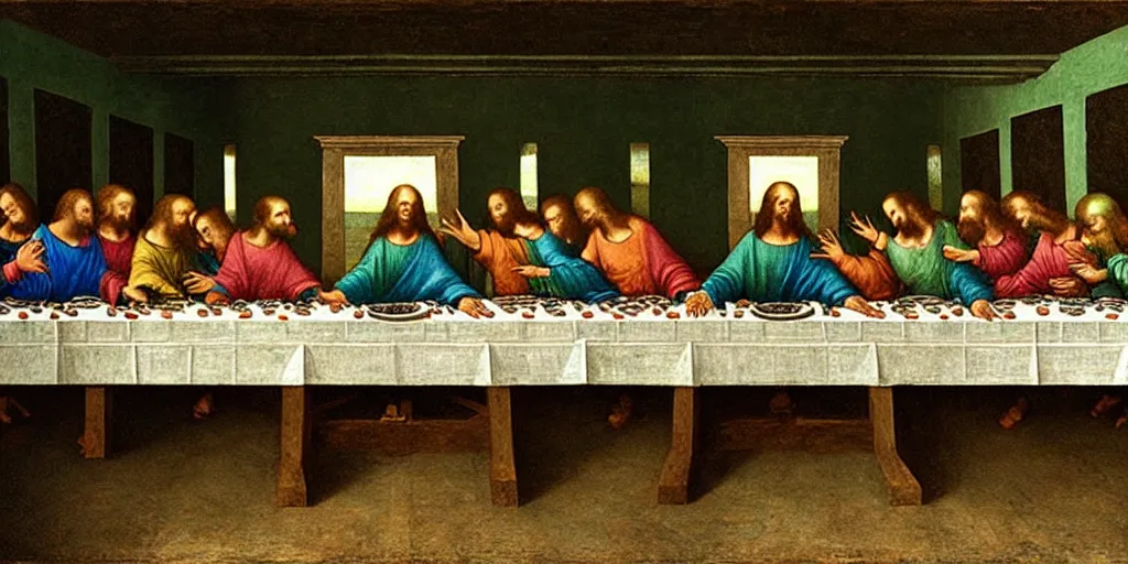 Prompt: the last supper with green sentient blobs, horror, painted by leonardo da vinci