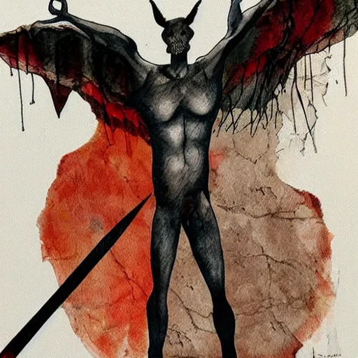 Image similar to comic strip loose, subtle by paul lovering. mixed media art. a large, muscular demon - like creature with wings, standing in a dark, hellish landscape. the creature has red eyes & sharp teeth, & is holding a large sword in one hand.