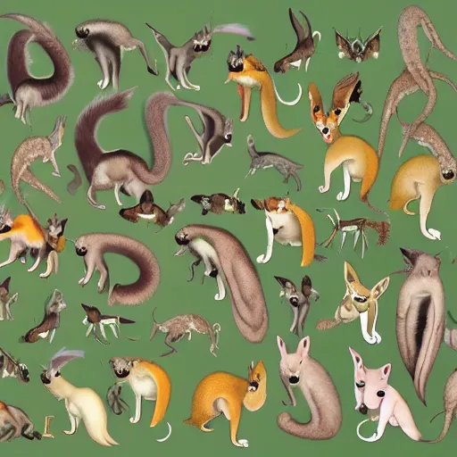 Prompt: Sugar glider, Tamandua, Gerenuk, Cuttlefish, Gecko, Sand cat, Bee hummingbird, Tree kangaroo, Racoon dog, Pygmy hippopotamus , Leafy sea dragon, Elephant Shrew, Quokka, Margay, Klipspringer, Fennec Fox, Tawny frogmouth, Tarsier, Quetzal, Star-nosed mole hybrid