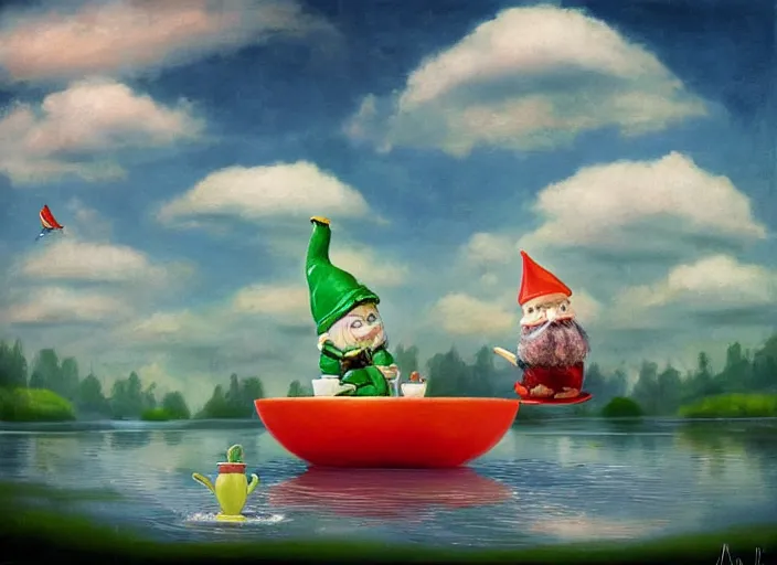 Image similar to a garden gnome sailing in a teacup, whimsical background of a reflective pond on a sunny day with dramatic clouds, an ultrafine detailed painting by mark ryden, trending on deviantart, pop surrealism, whimsical, lowbrow, joyous