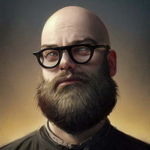 Image similar to highly detailed portrait from a balded gothic man with designer beard and googles, stephen bliss, unreal engine, fantasy art by greg rutkowski, loish, rhads, ferdinand knab, makoto shinkai and lois van baarle, ilya kuvshinov, rossdraws, tom bagshaw, global illumination, radiant light, detailed and intricate environment