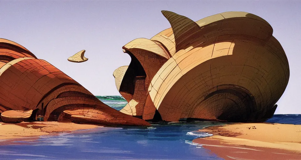 Prompt: a giant seashell house in the middle of nowhere, by syd mead, moebius, j. h. williams iii, triadic color scheme