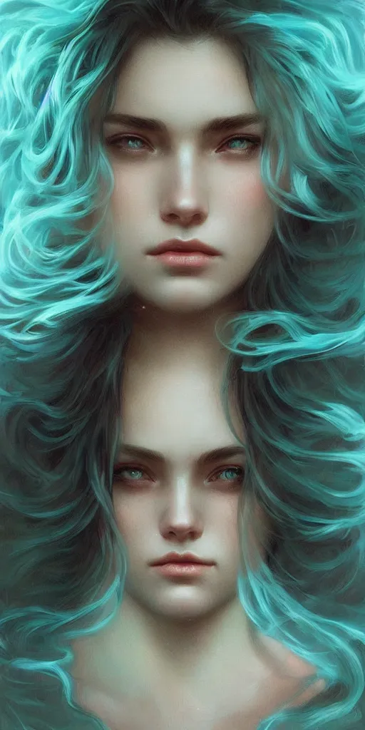 Image similar to haunting beautiful young woman, detailed photo realistic gorgeous face turning waves, dark, ominous, sad eyes, glowing hue of teal, vaporwave aesthetic, synthwave , digital painting, artstation, concept art, smooth, sharp focus, illustration, art by artgerm and greg rutkowski and alphonse mucha