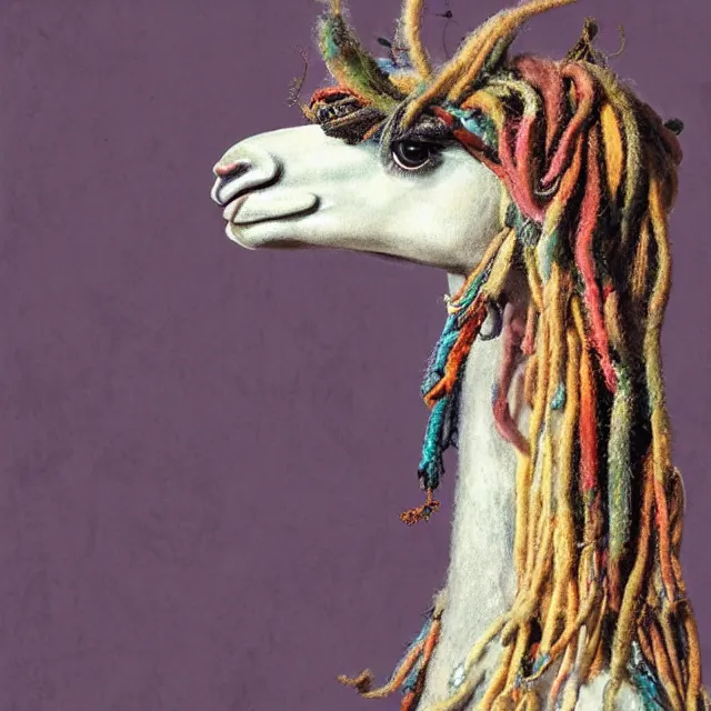 Prompt: llama with dreadlocks, by mandy jurgens, ernst haeckel, el anatsui, by hsiao