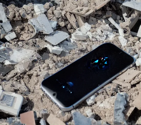 Image similar to an iPhone smartphone in the rubble, ruins.