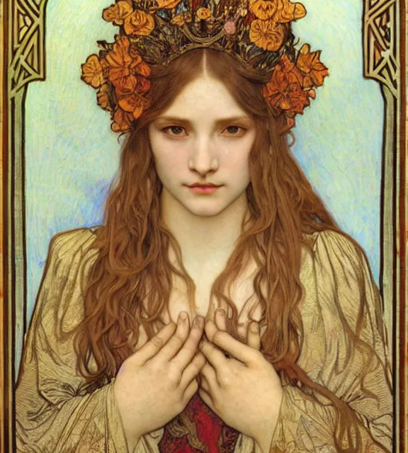 Image similar to detailed realistic beautiful young medieval queen face portrait by jean delville, alphonse mucha, vincent van gogh, and marco mazzoni, art nouveau, symbolist, visionary, gothic, pre - raphaelite