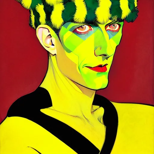 Image similar to art by joshua middleton, the yellow creeper, a tall manically smiling yellow - skinned man with green and black striped cycling shorts and wearing a long red feather boa, yellow makeup, mucha, kandinsky, poster, comic art, stylised design, red feather boa