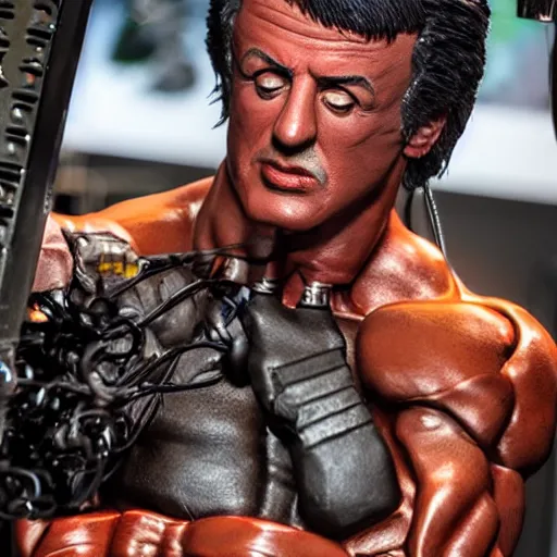 Image similar to animatronic Sylvester Stallone, exposed wires, photo, Stan Winston studios, detailed, 4k