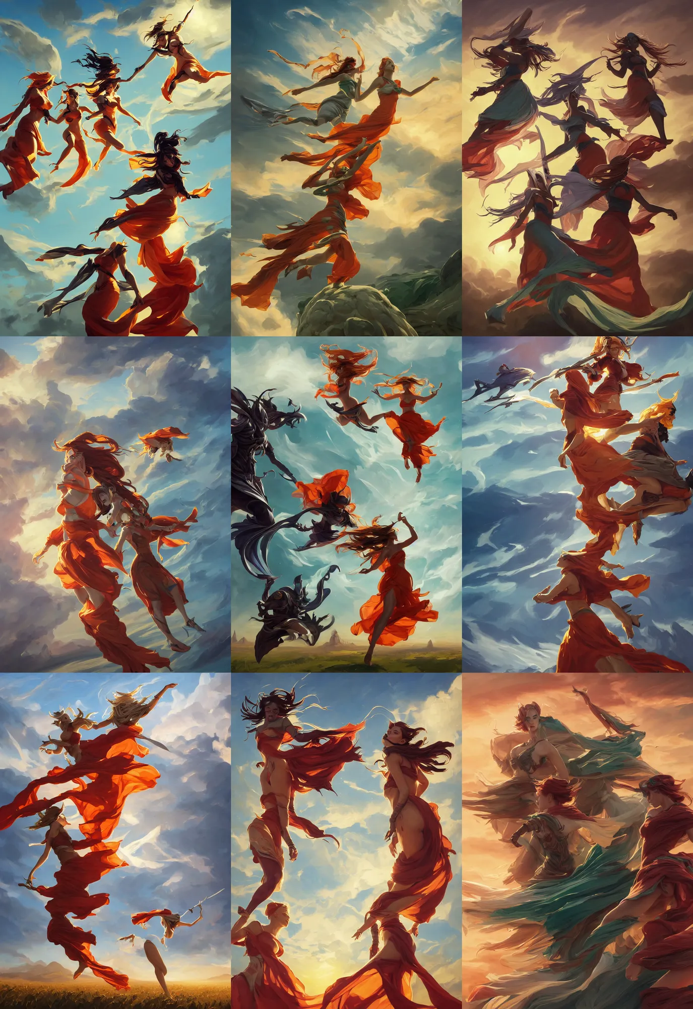 Prompt: league of legends and warframe art, three flying girl in orange and white maxi dresses between clouds above green fields in sunset light, close up portrait, elegant, intricate, digital painting, artstation, concept art, golden hour, epic composition, smooth, sharp focus, illustration, art by ed mell and Daniel F. Gerhartz and Jacek Malczewski and gustav klimt, Tibor Nagy