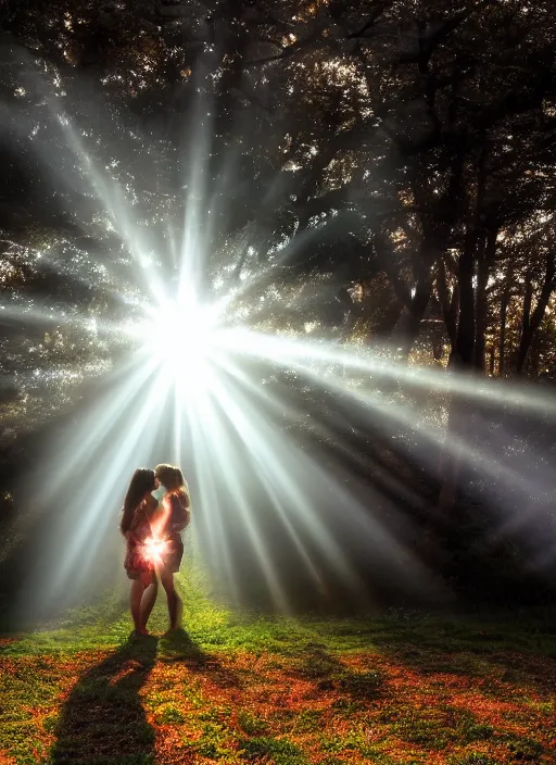 Image similar to a beautiful detailed photo of a girl kissing another girl with god rays shining through trees on a post - apocolyptic world, realistic, f 8, 4 k hd wallpaper