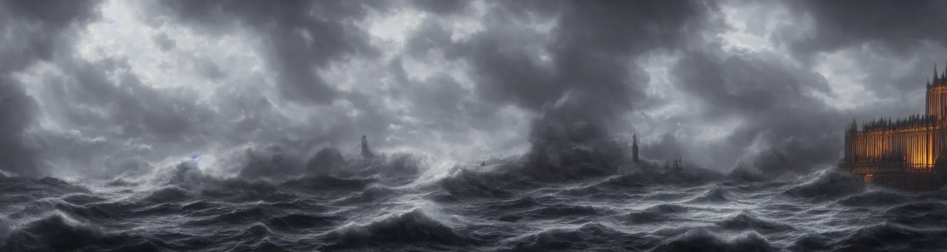 Prompt: A highly detailed matte painting of a huge pipe organ in a stormy sea in a storm, fog, rain, volumetric lighting, unreal engine 5 hd render, 8K resolution, trending on artstation