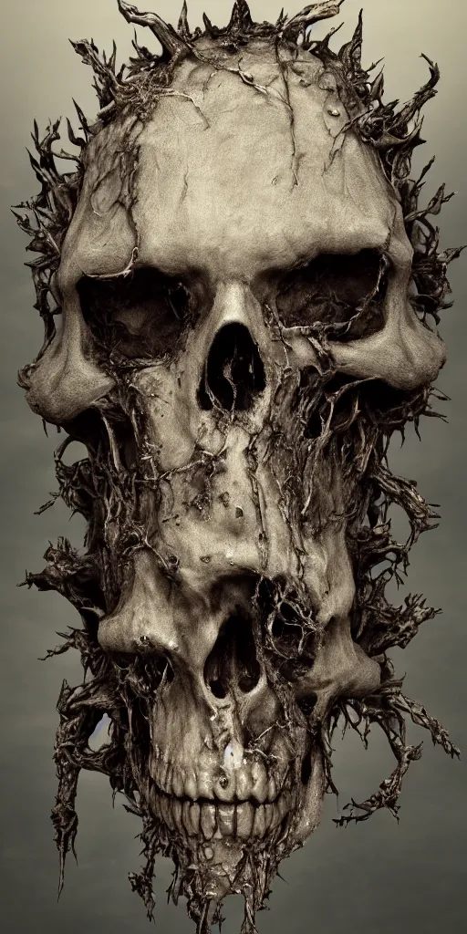 Image similar to full portrait of the decaying King of rot, crown made of rotting flesh, cloak, skull mask, realistic character concept, high fantasy, gothic, dark atmosphere, medium shot, symmetrical face, cinematic lighting, hyperdetailed, high resolution, insanely detailed and intricate, artstation, octane render, 8k, unreal engine