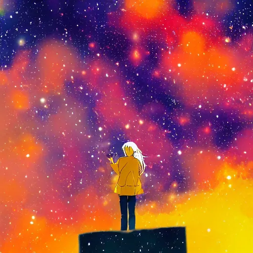 Prompt: celty sturluson in front of colorful galaxy