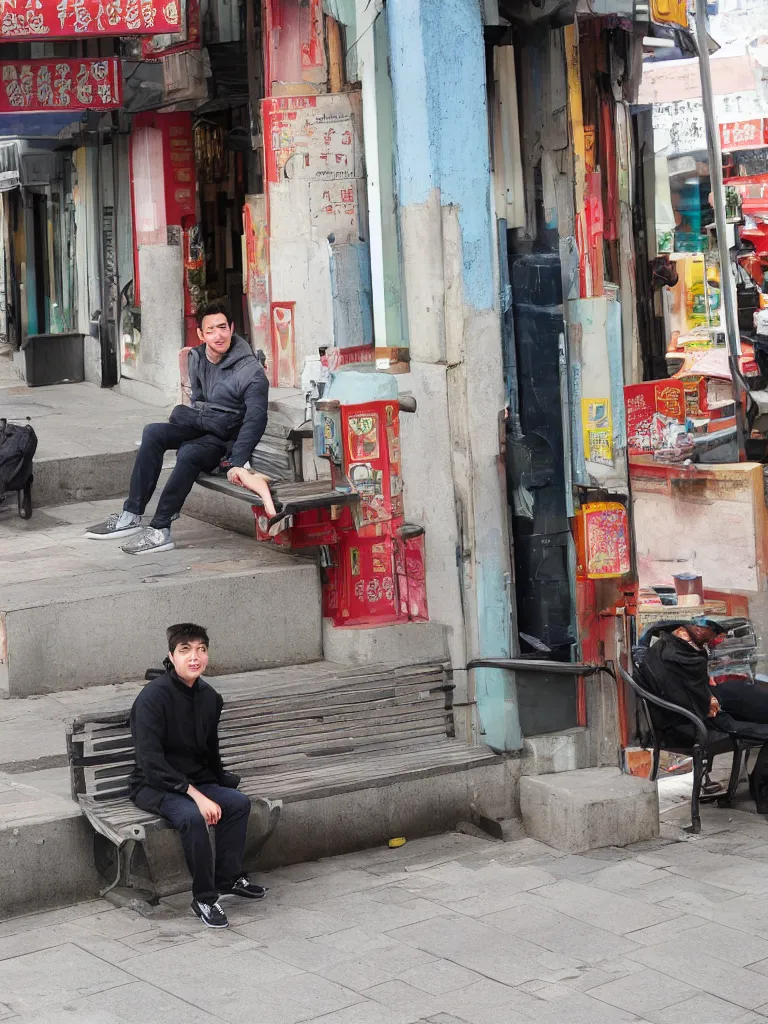 Image similar to a photo of thiago hersan sitting in a bench in china town san francisco