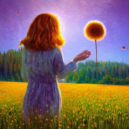 Prompt: girl with dandelion as a face, surreal photography, dream, standing in flower field, hills, big trees, sunrise dramatic light, impressionist painting, colorful clouds, digital painting, pointillism, artstation, simon stalenhag