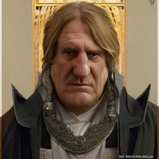 Image similar to [robot Depardieu as president of France! as GTA character, mystic hermit, closeup, D&D, intricate, elegant, highly detailed, digital painting, artstation, concept art, matte, sharp focus, illustration, art by Artgerm and Greg Rutkowski and Alphonse Mucha]