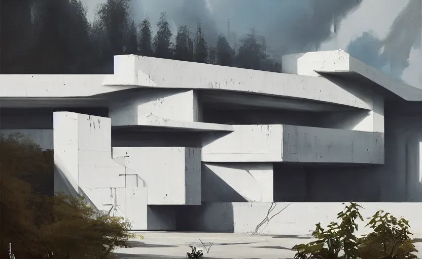 Prompt: painting of exterior shot of a white concerete brutalist house architecture with big pools designed by zaha hadid and peter zumthor by darek zabrocki, greg ruthkowski and simon stalenhag, cinematic and cold atmospheric, archillect concept art, artstation, trending on artstation