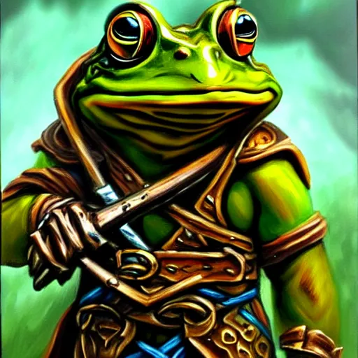 Prompt: oil painting of a frog warrior, in the style of oldschool dungeons & dragons and magic the gathering, promotional character art, highly detailed