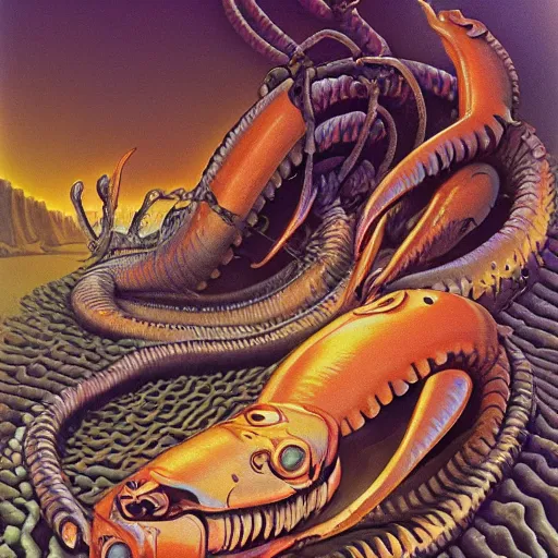 Prompt: nightmare clawed chyme panzers destroyed, overturned by crustaceans made of mollusk skin with chrome rugated rust noodles landscape in primoridal slimes by boris vallejo, terror by francesco blanc, enric torres, by jack gaughan