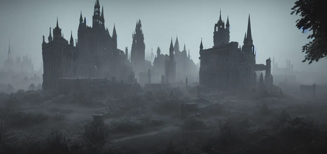 Image similar to view of an abandoned gothic city at day, castles, fog, cinematic lighting, ultra detailed, sharp, ambient occlusion, raytracing, by greg rutowski, paul chadeisson and jessica rossier