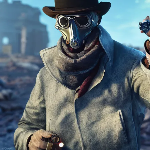 Prompt: the mysterious stranger, saving the day again, in the fallout wasteland, wearing elegant casual clothes, using a pristine revolver, face covered by a fedora hat, sunglasses and a scarf, hyperrealist, octane, unreal 5, cinematic, dramatic, breathtaking, 8 k