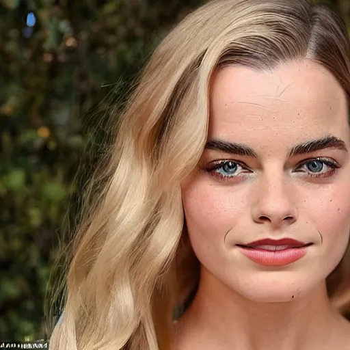 Image similar to a woman who is a genetic combination of margot robbie and emma watson face and upper - body focus