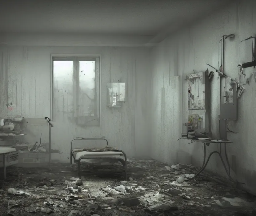 Image similar to Abandoned hospital room, gloomy and foggy atmosphere, octane render, artstation trending, horror scene, highly detailded