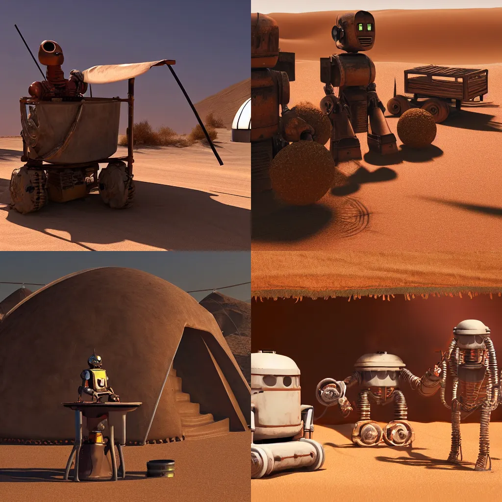 Prompt: rusty robot merchant in a desert tent selling parts, ultra realistic photograph, cinematic lighting, sand.