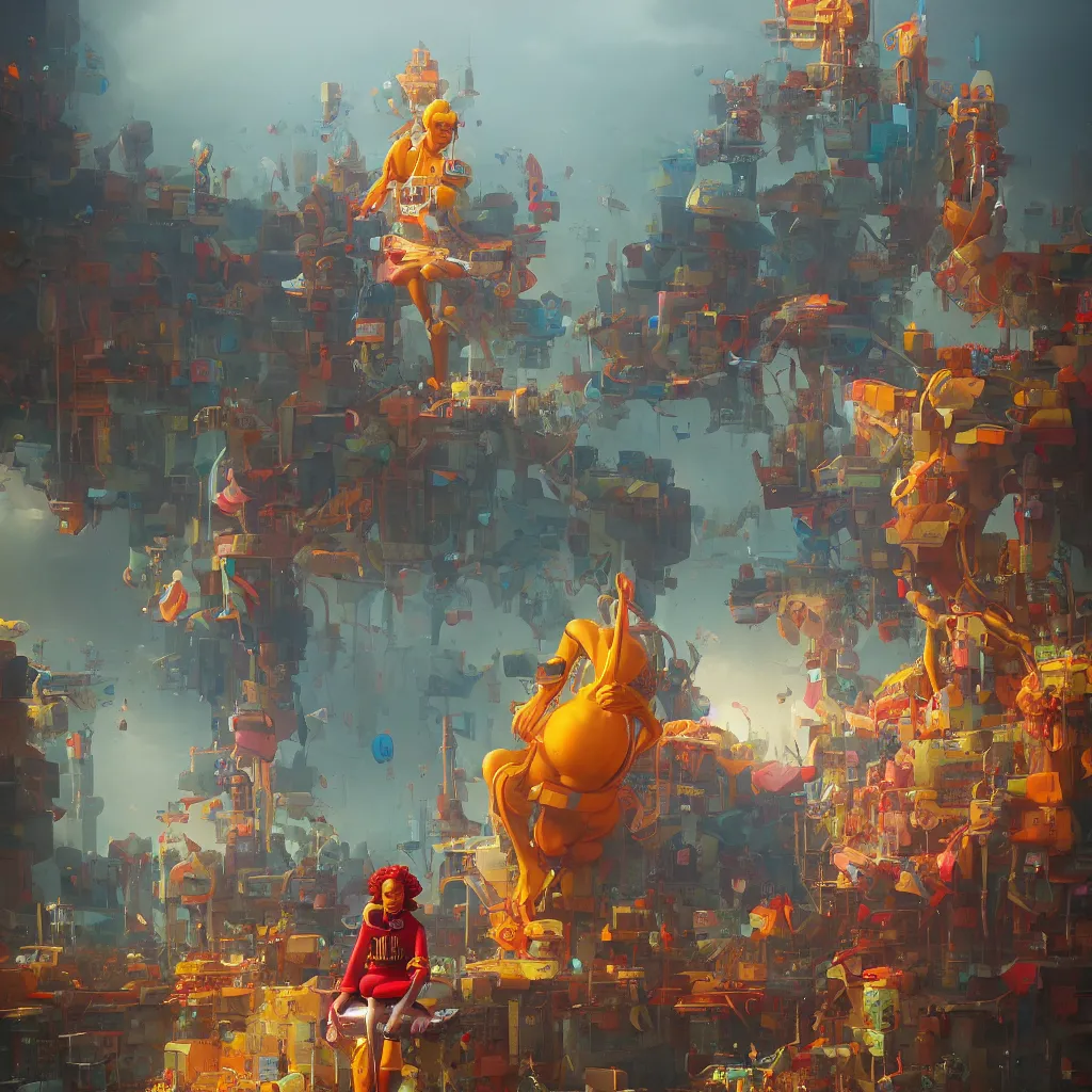 Image similar to ronald mcdonald statue in the world by beeple, darek zabrocki, tyler edlin, jordan grimmer, neil blevins, james paick, natasha tan, highly detailed, ultra detailed, ultra realistic, trending on artstation